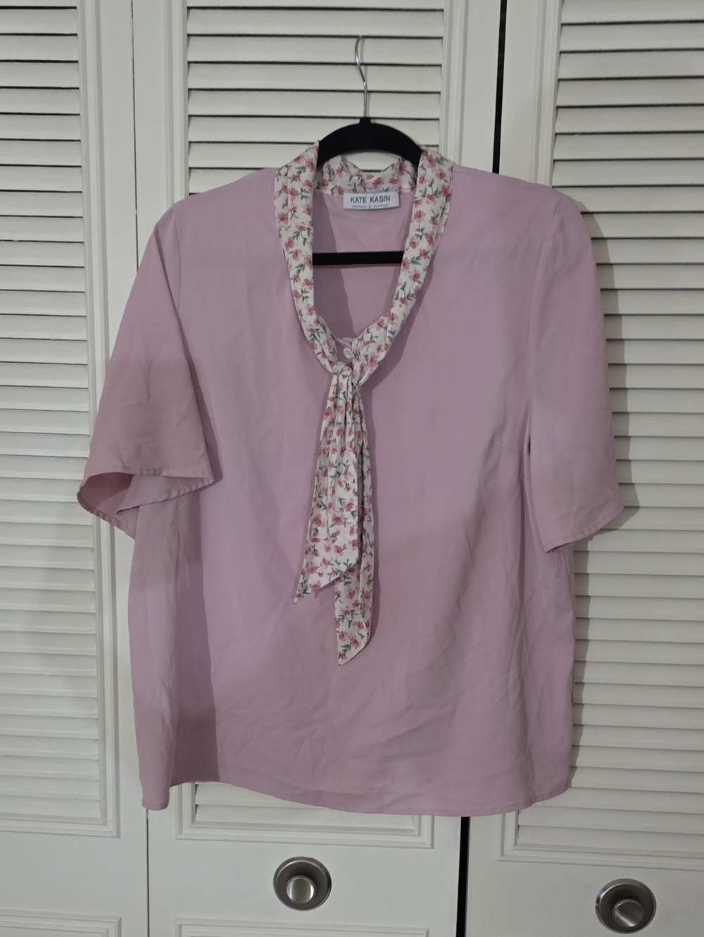 Kate Kasin Pink Short-Sleeve Tie-Neck Blouse